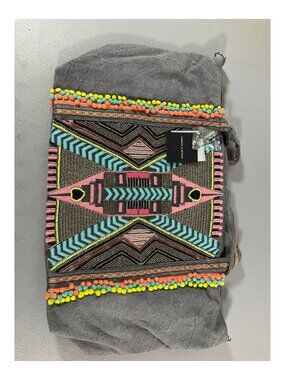 America & Beyond Blue Embellished Tote Bag with Pom-Pom Trim & Crossbody Strap